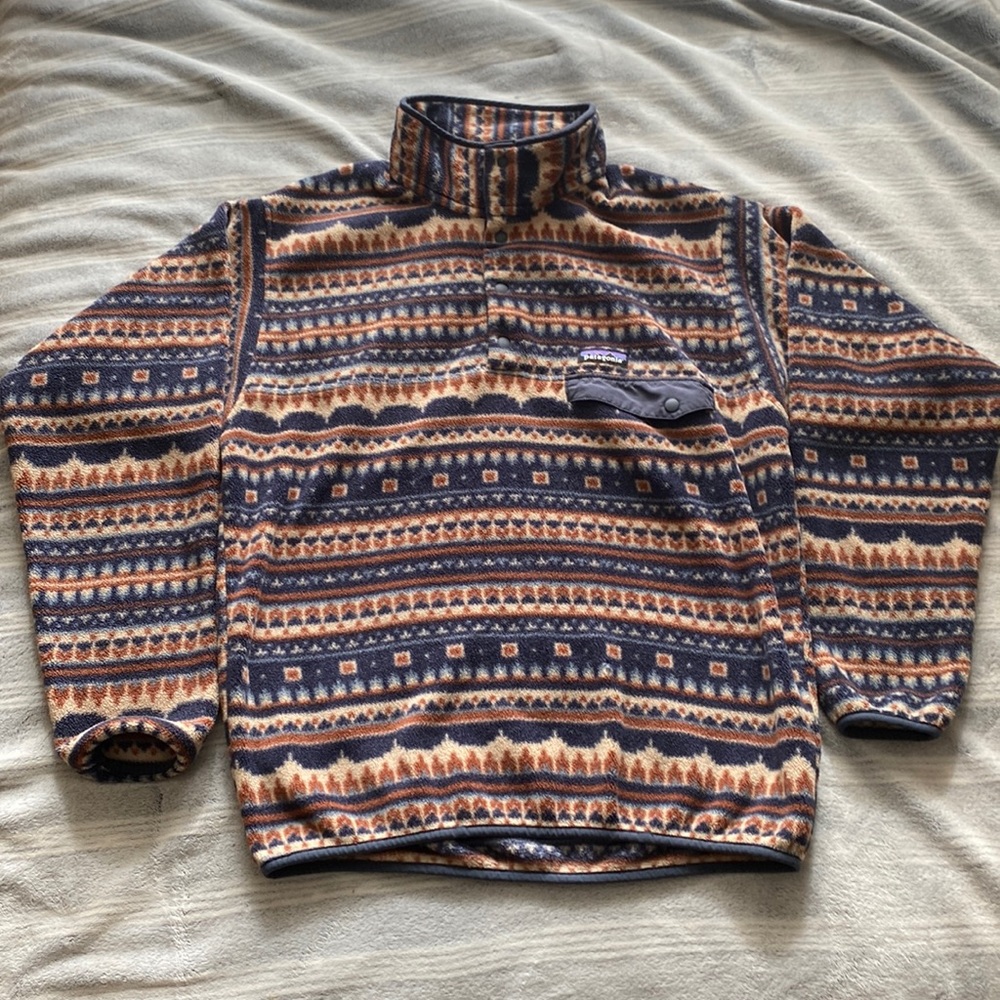 blue and brown patterned patagonia fleece